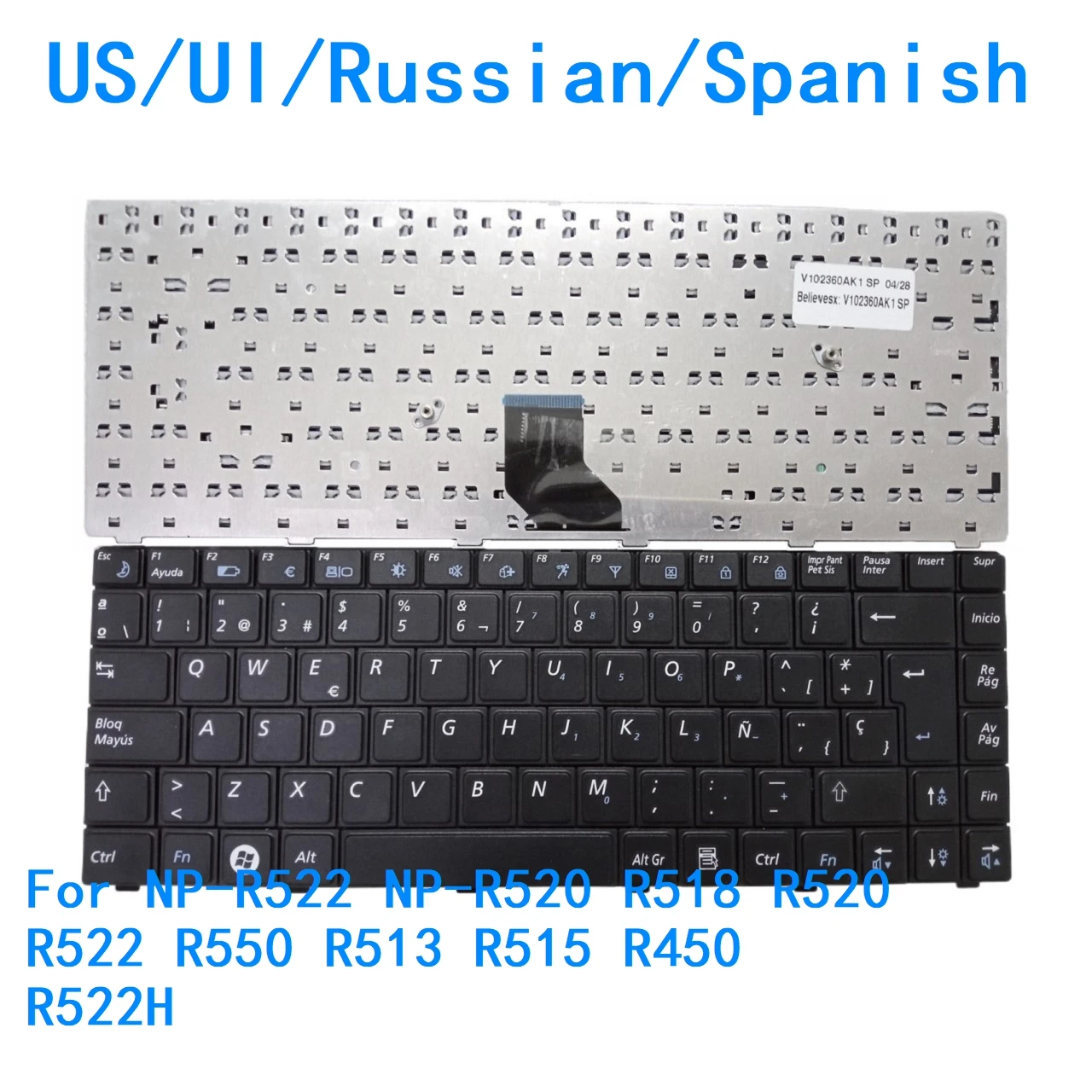 New US UI Russian Spanish Language  Keyboard For Samsung NP-R522 NP-R520 R518 R520 R522 R550 R513 R515 R450 R522H
