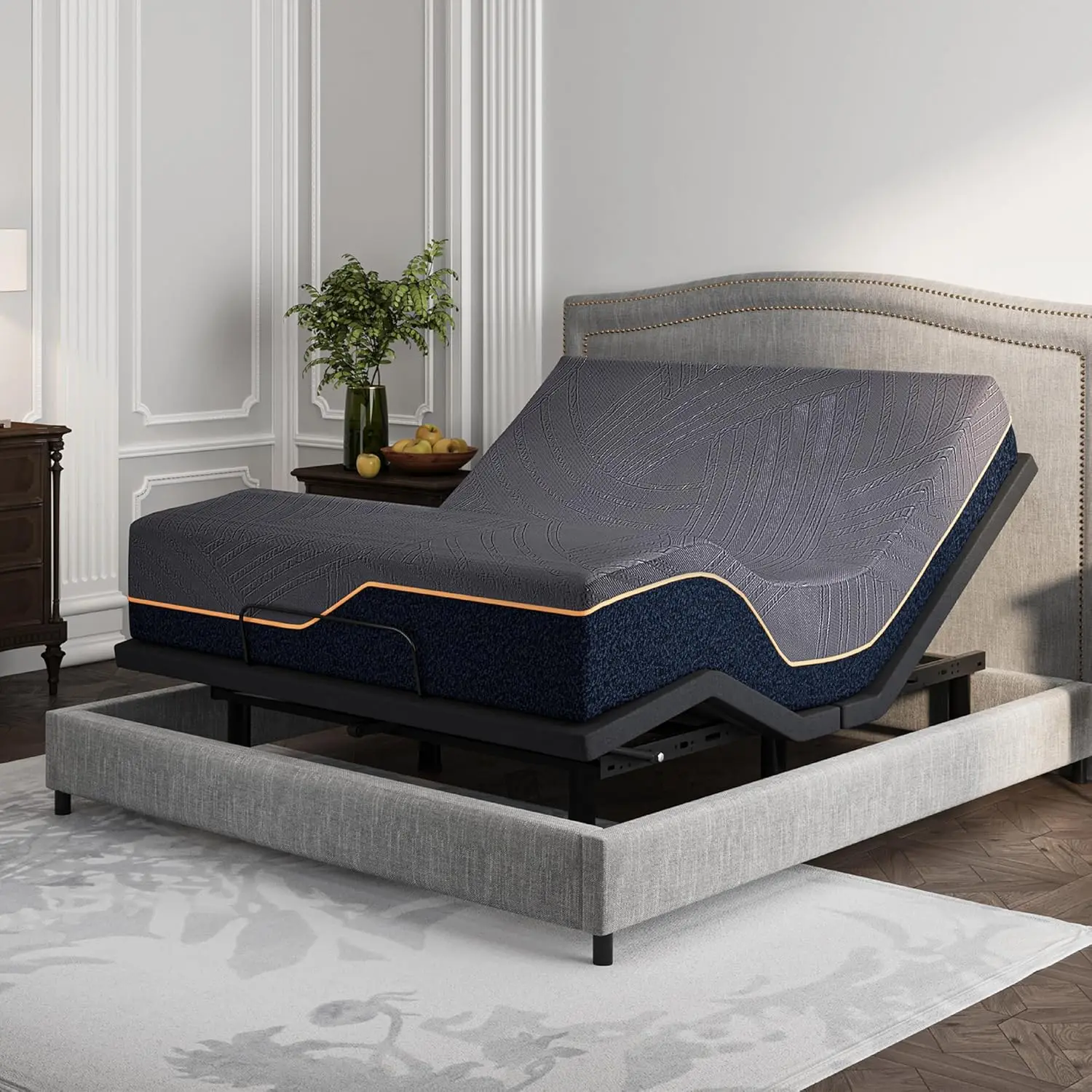 Full Adjustable Bed Frame with Mattress, 14 inch Frim Copper-Gel Memory Foam Mattress,750lbs Lift Capacity