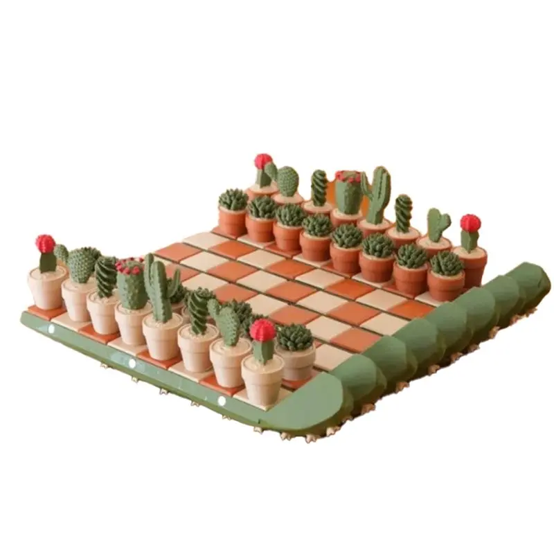 【FLASH DEAL】A Set Of 3D Printed Resin Cactus Chessboard Desktop Ornaments, Foldable, Perfect For Passing The Time, A Chess .