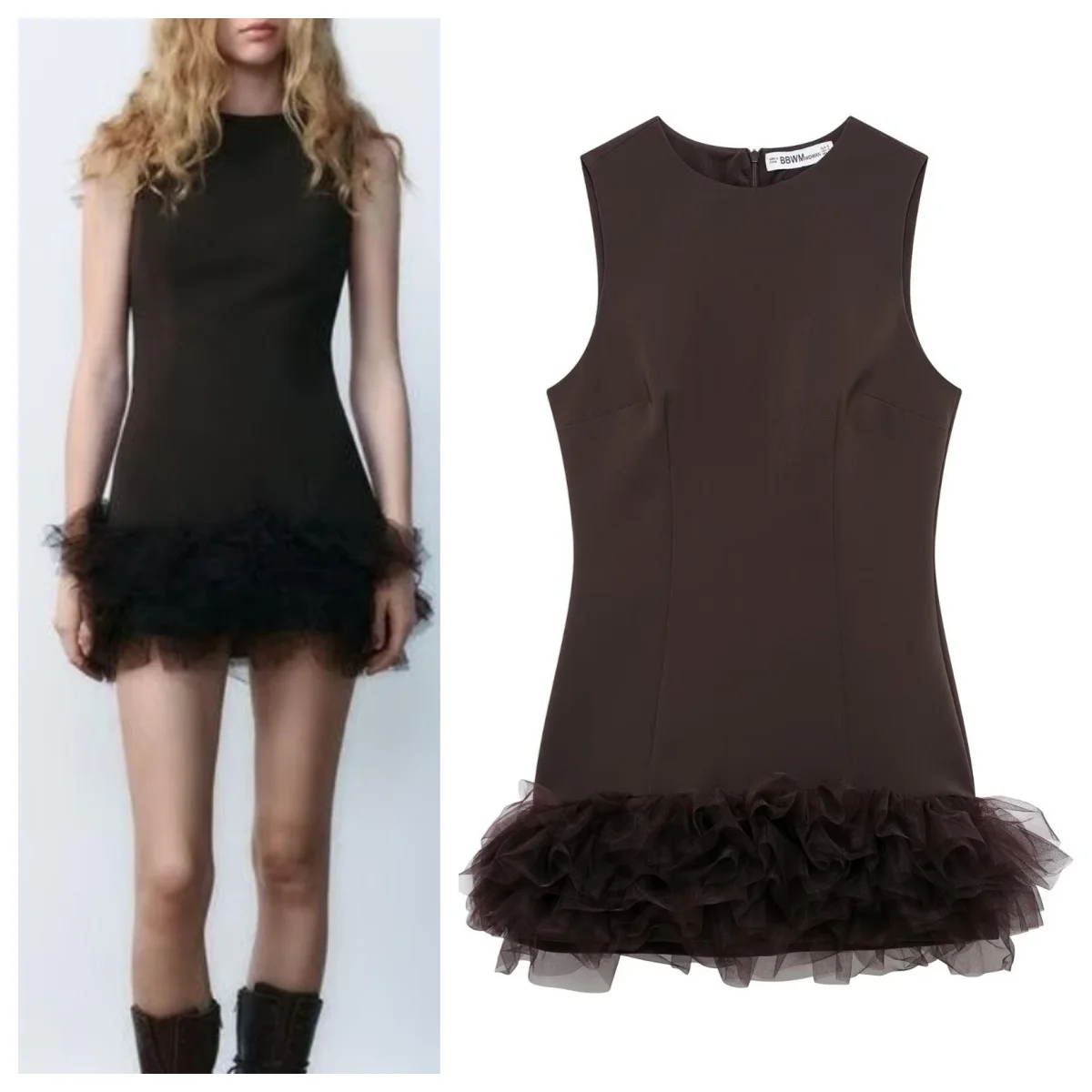 American retro new fashion versatile tulle splicing sleeveless slim dress