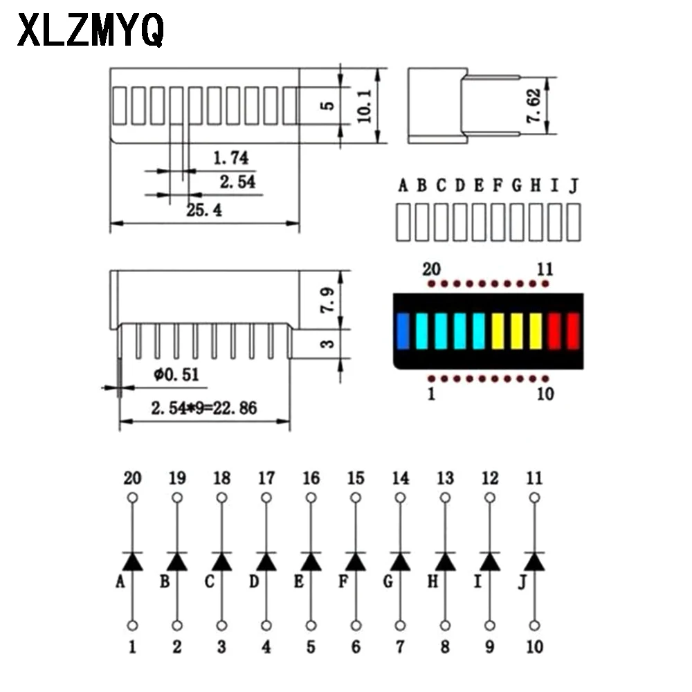 Bargraph Light Display Tech LED, 10 segments, Ultra Bright Red, Yellow, Green, Blue, Document Multicolore, 10Pcs