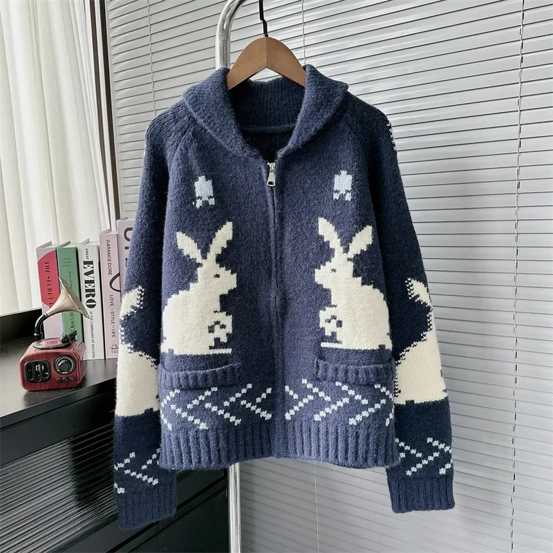 Neploe Advanced Turn-down Collar Long Sleeve Print Cardigan Korea Minority Rabbit Knit Sweaters Jacquard Lazy Loose Warm Jumper