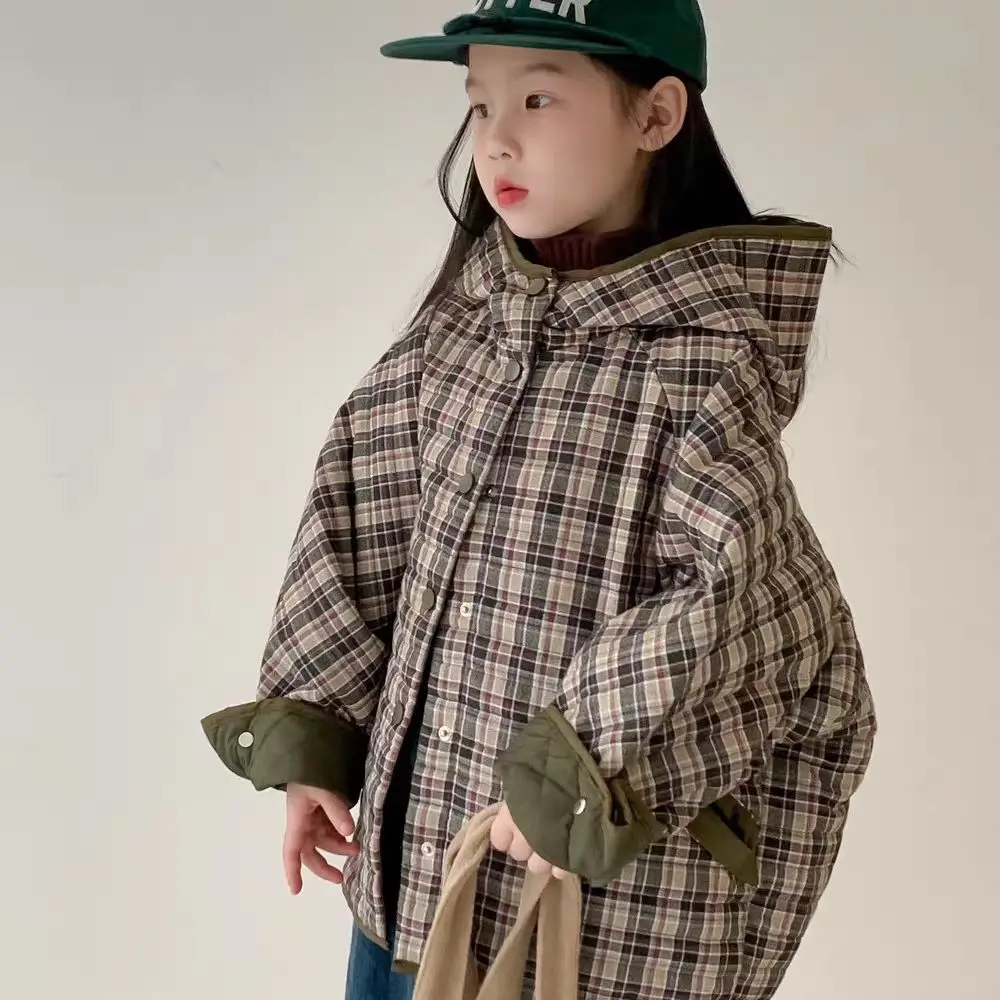 Childrens Winter 2026 New Padded Coat Korean Fashion Casual Daily Plaid Hooded Thicken Cotton-padded Parkas Girls Boys Clothes