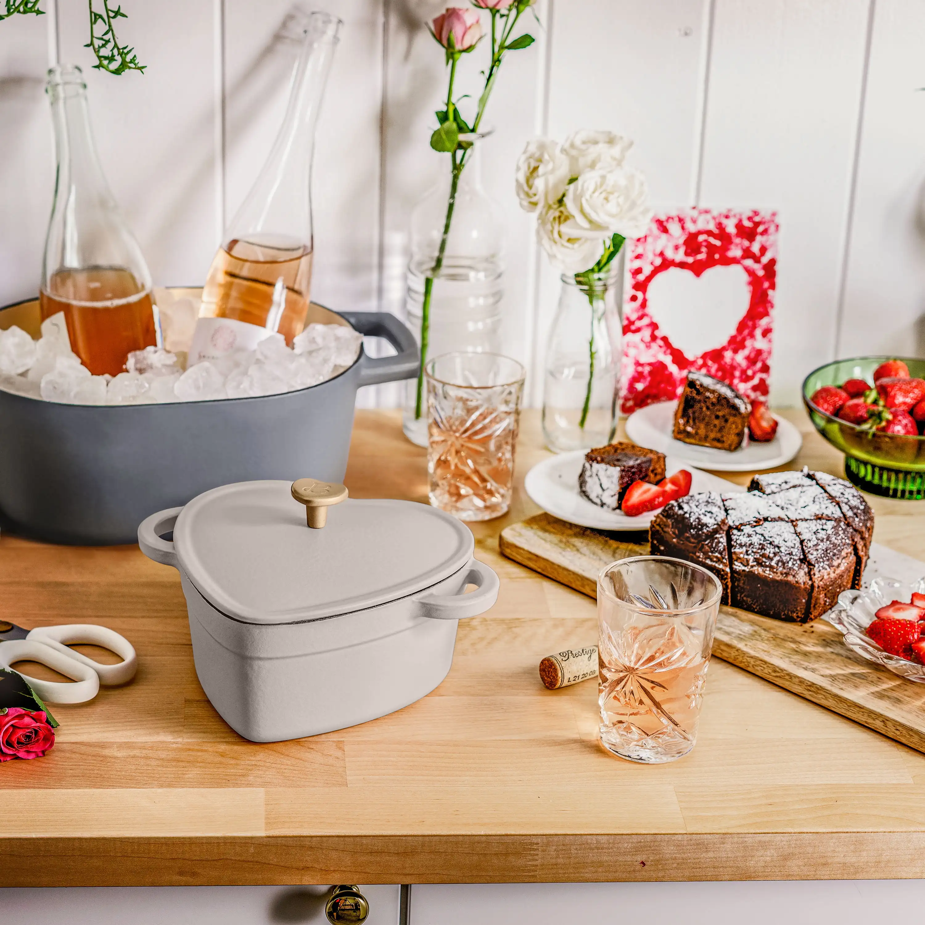 

Beautiful 2QT Cast Iron Heart Shaped Dutch Oven by Drew Barrymore, Porcini Taupe