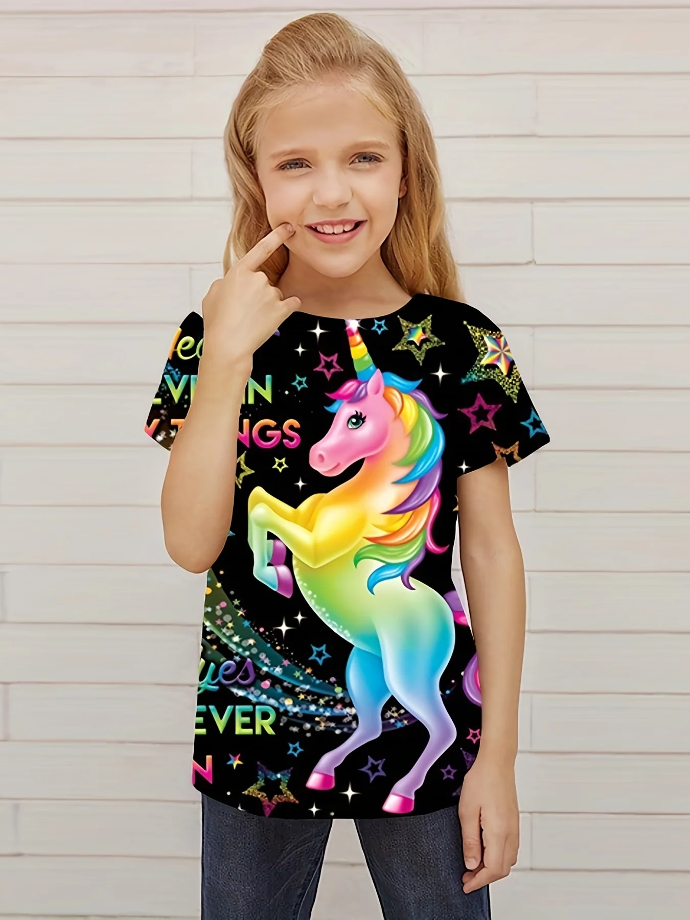 Children's Adult Unicorn Rainbow Horse Printed T-shirt Top Youth Leisure Novel Short sleeved T-shirt