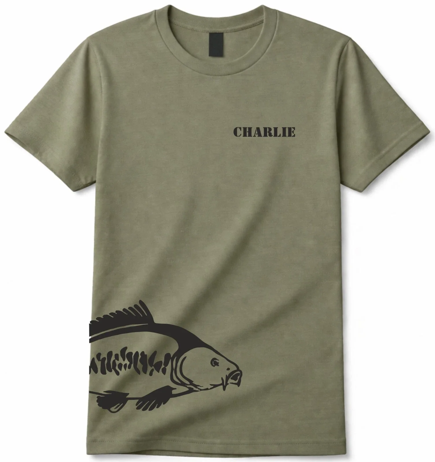 Personalised Carp Fishing T Shirt Mens Fashion Tee Custom Name Gift Olive Green Fishing Lover Personalized Shirt Daily Sport Tee