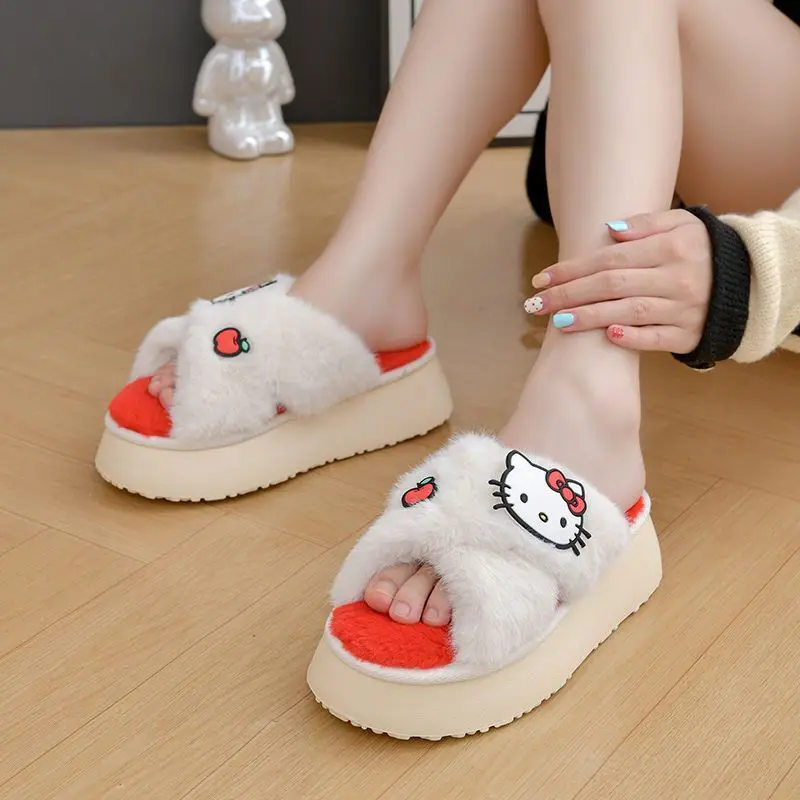 Sanrio Hello Kitty My Melody Cinnamoroll Kuromi Pochacco Hangyodon Cotton Slippers Women Winter New Thick Bottom Warm Home Shoes