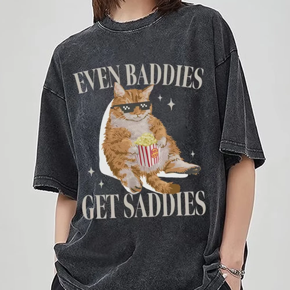 

Cat Monogram Print T-Shirt Y2K Unisex Style 2025 New Oversized Washed Denim Short Sleeve Vintage Cute Harajuku Top