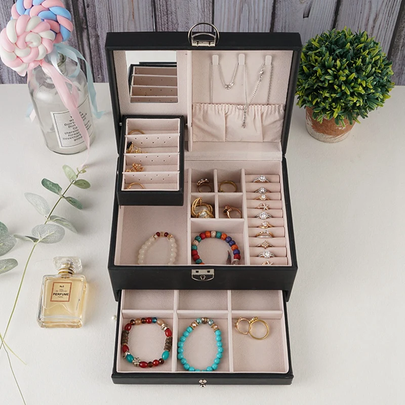 New PU Double Drawer Jewelry Box Large Capacity Jewelry Box Ring Earrings Necklace Jewelry Storage Box Easy Install