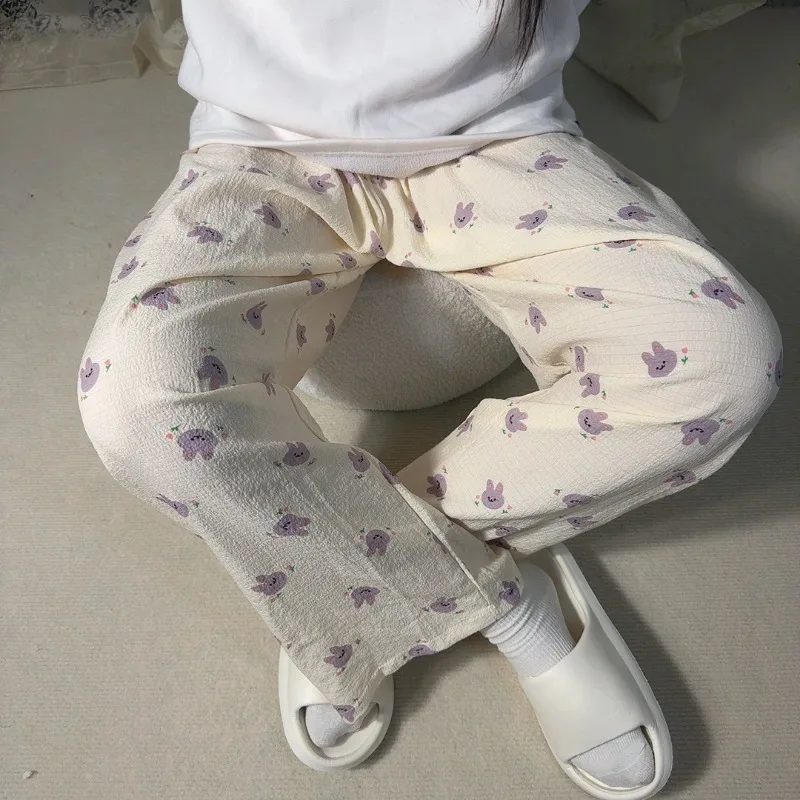 2025 primavera novo coelho bonito doce dos desenhos animados calças de pijama feminino casual confortável respirável solto pode usar calças para casa