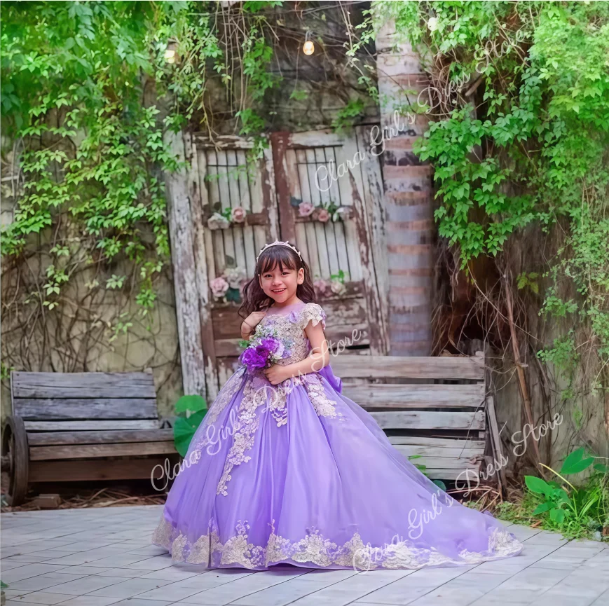 

Fairy Purple Flower Girl Dress for Wedding Lace Appliques Short Sleeves Kids Birthday Party First Communion Ball Gowns