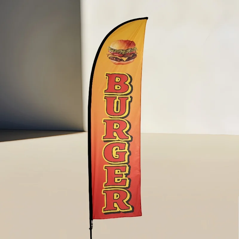 Promoción de tienda de hamburguesas publicidad al aire libre hamburguesas Swooper Flutter bandera de plumas sin viento para tienda de hamburguesas cartel de plumas