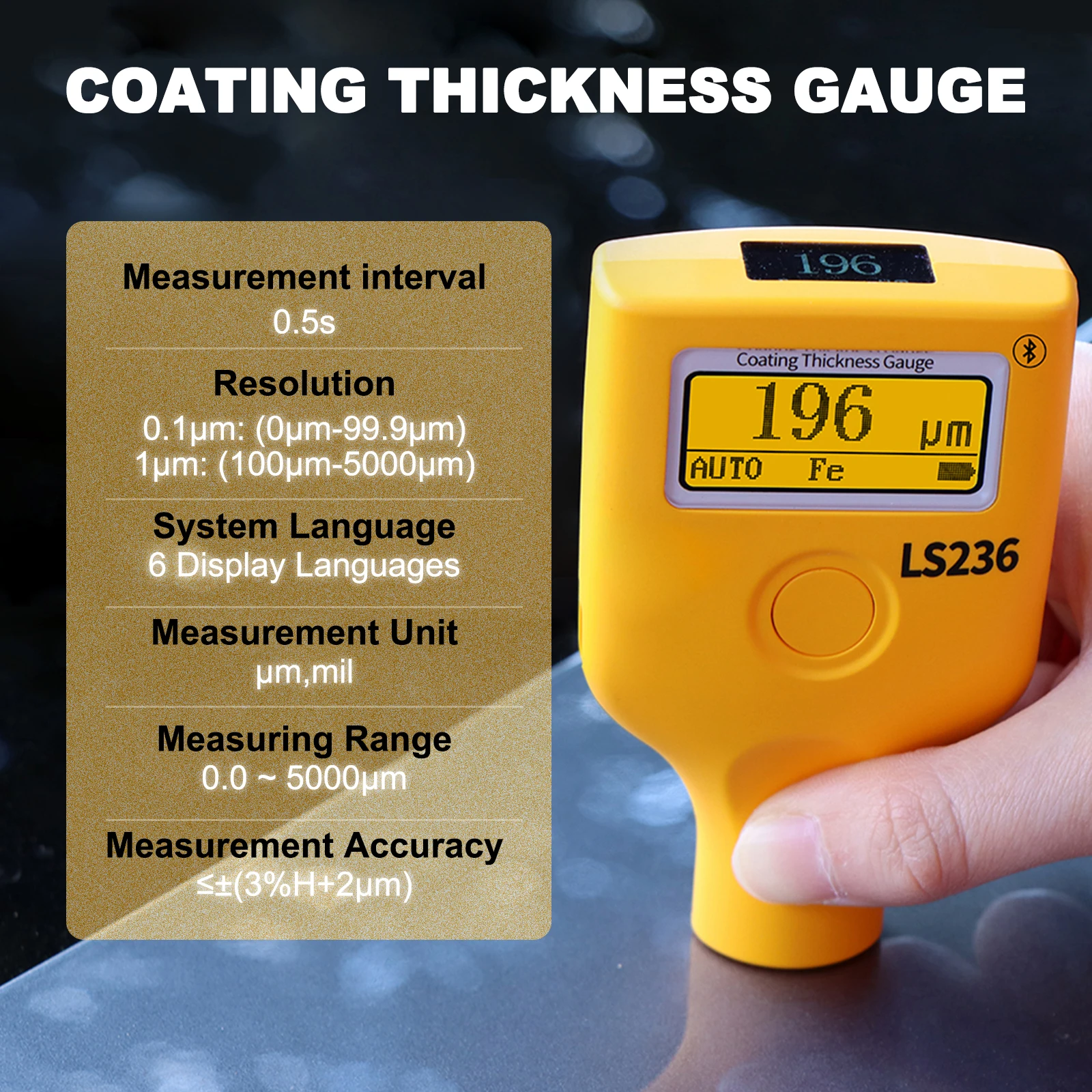 Dual Display Paint Thickness Gauge, Auto Fe/Al Identification With Body Filler & Zinc Detection, 0-3500μm, Bluetooth Connection
