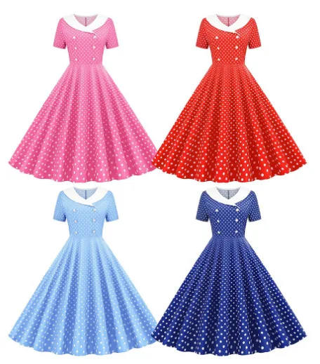 

2024 New Polka Dot Print Lapel Short Sleeves And Calf Retro Hepburn Swing Dress Girls Cute Princess Dress Cosplay Costume