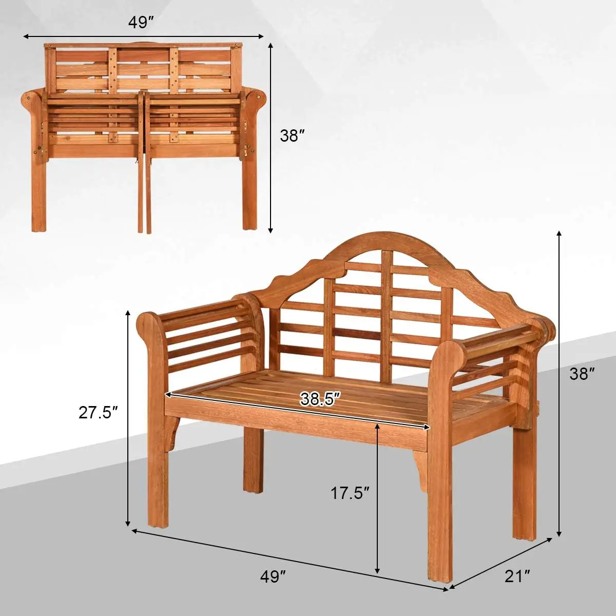 Banc pliant d'extérieur en bois d'eucalyptus, banc de jardin pliable en bois massif, chaise causeuse deux hypothèques pour jardin, 4 fédérations