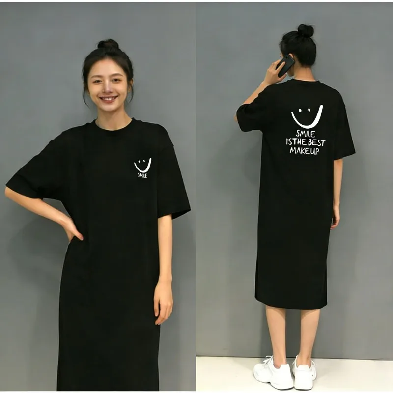 Women's Summer New Short Sleeved T-shirt Dress Loose Mid Length Over Knee Dress