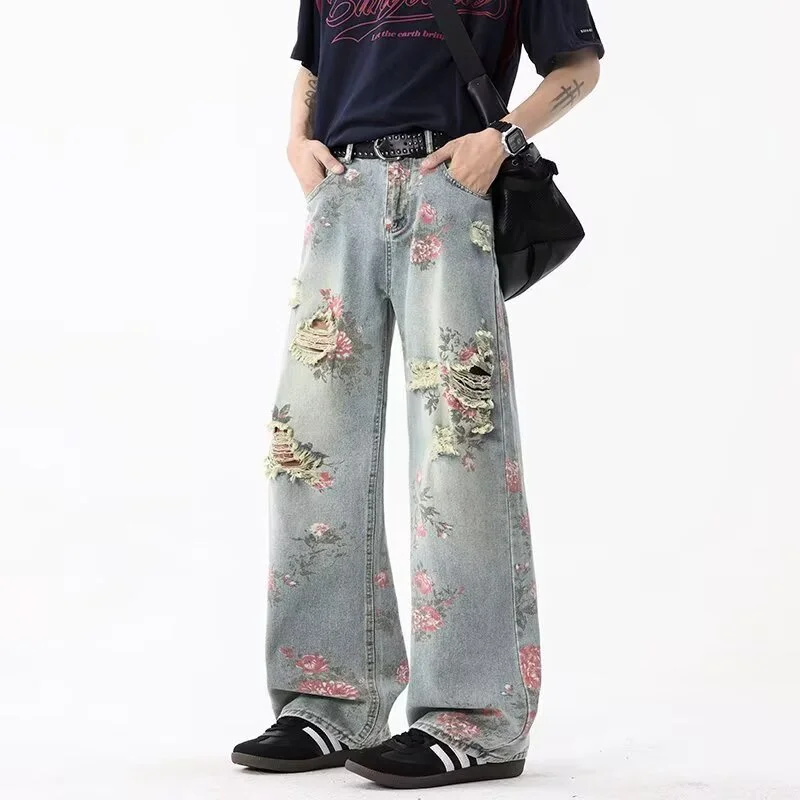 

Summer Retro Peony Flower Jacquard Ripped Jeans For Men Graphic Printed Straight Baggy Jean New Y2K Streetwear Denim Pants