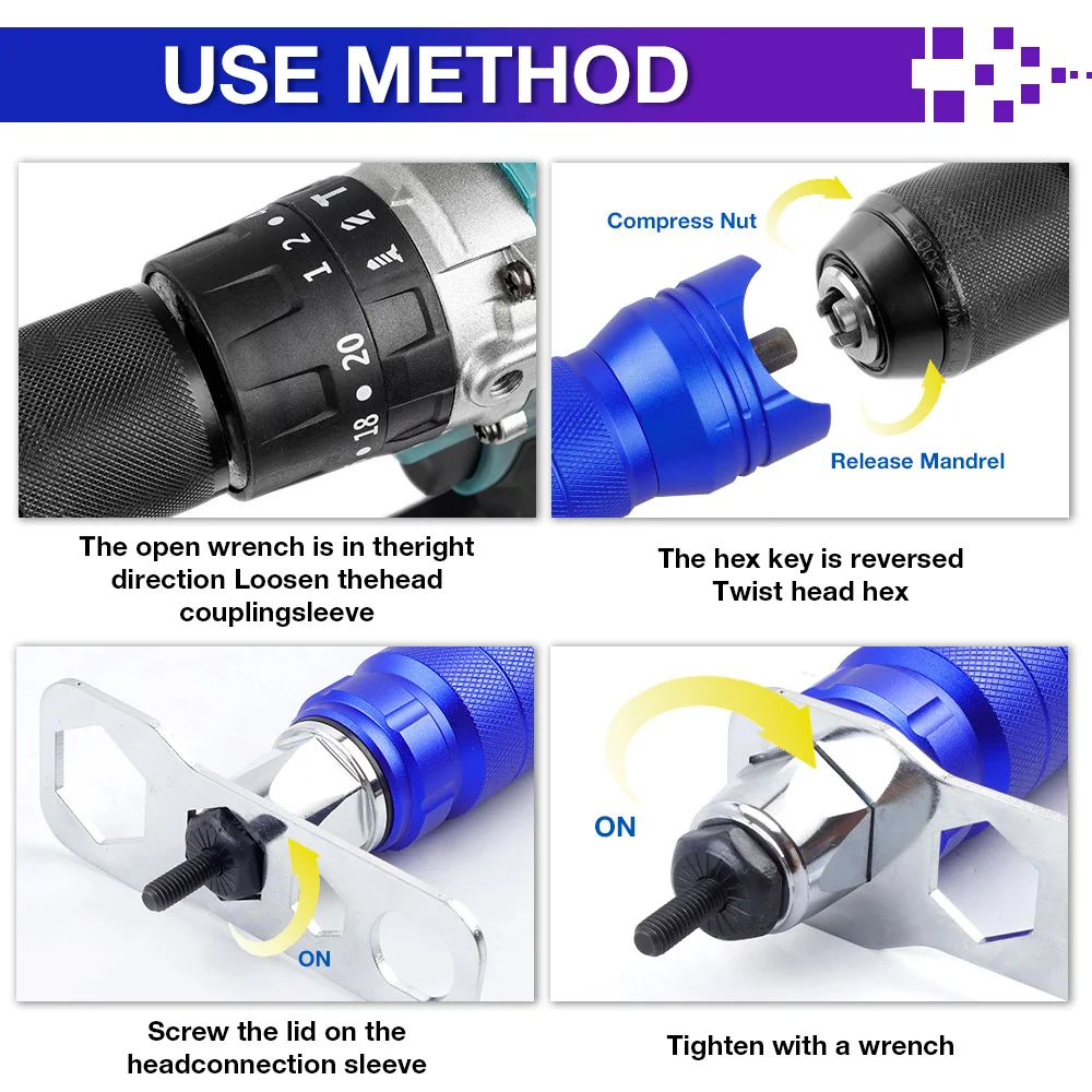 M3~M10 Electric Rivet Nut Gun Converter, Home DIY Nut Riveting Tools,M3 M4 M5 M6 M8 M10 Riveting Tools,Cordless Riveting Machine