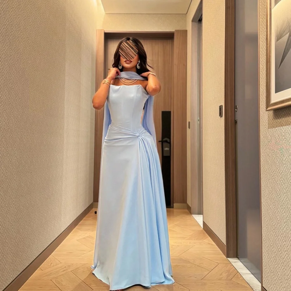 Cathy Aqua Blue Long Scarves Strapless Wedding Dresses Chiffon vestidos de noche Floor-Length Customized Formal Evening 2024
