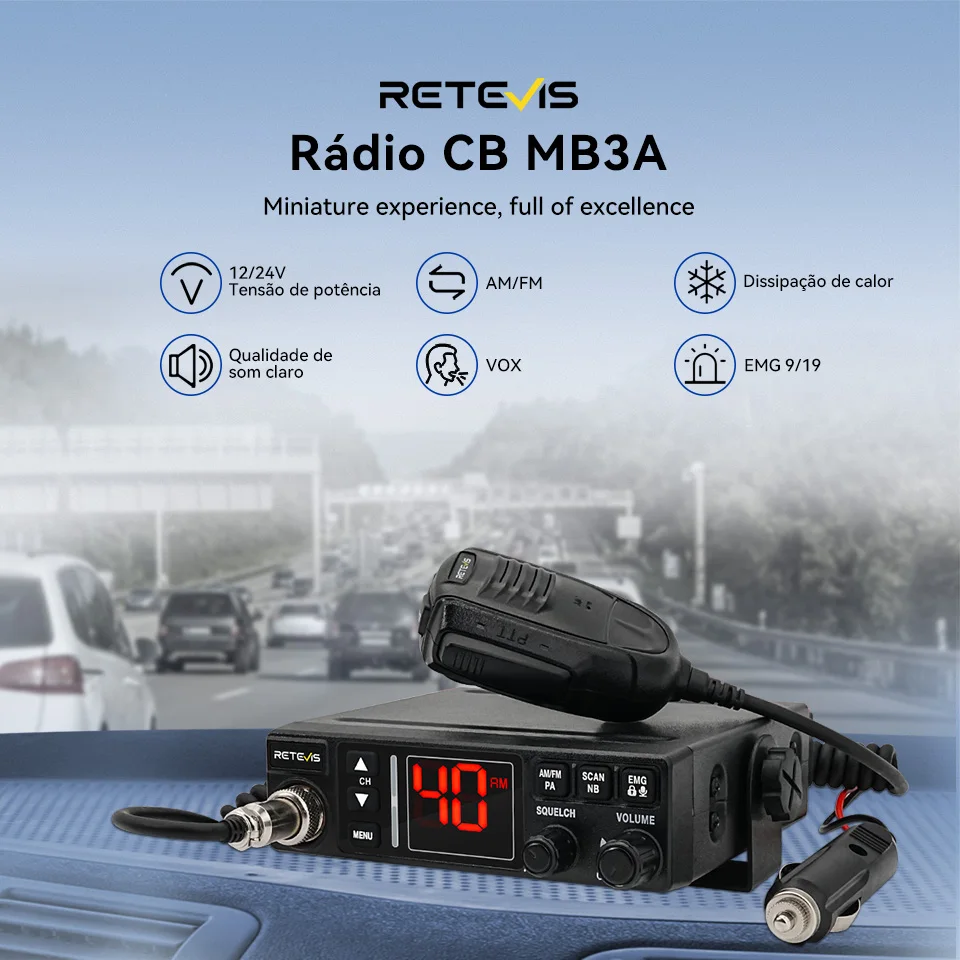 Retevis MB63A CB Rádio de carro 12/24V Potência de longo alcance CB Estação de rádio móvel Comunicador profissional AMFM Ham Rádio Canal 9/19