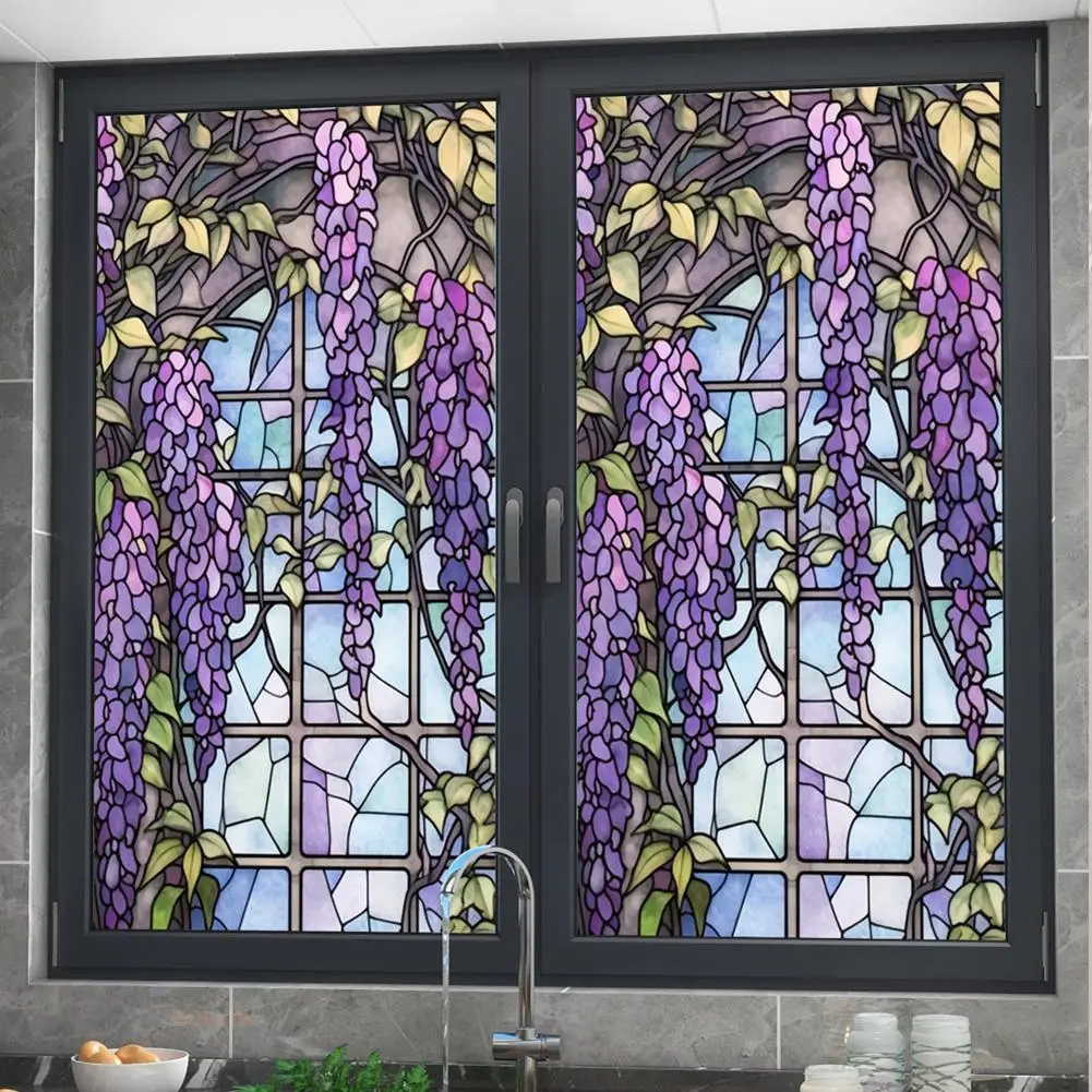 

Floral Stained Glass Window Film UV Blocking Heat Insulation Violet Pattern Static Window Clings For Window Glass Decorations