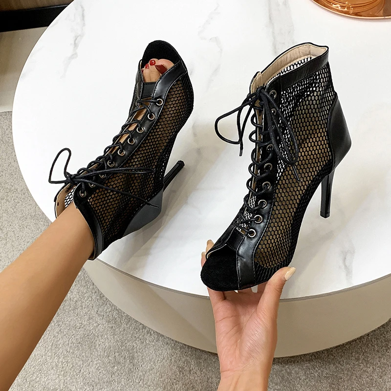 2024Mesh Cool Women\'s Summer Short Boots Net Boots Fish Mouth Small Size Thin Heel High Heel Dance Ballroom