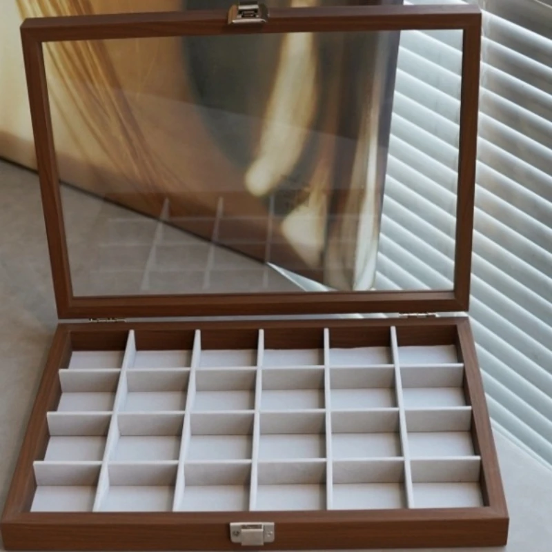 Walnut Grain Jewelry Storage Box with Dustproof Lid, Grid Organizer for Earrings Beads Wenwan Brooches Accessory Container