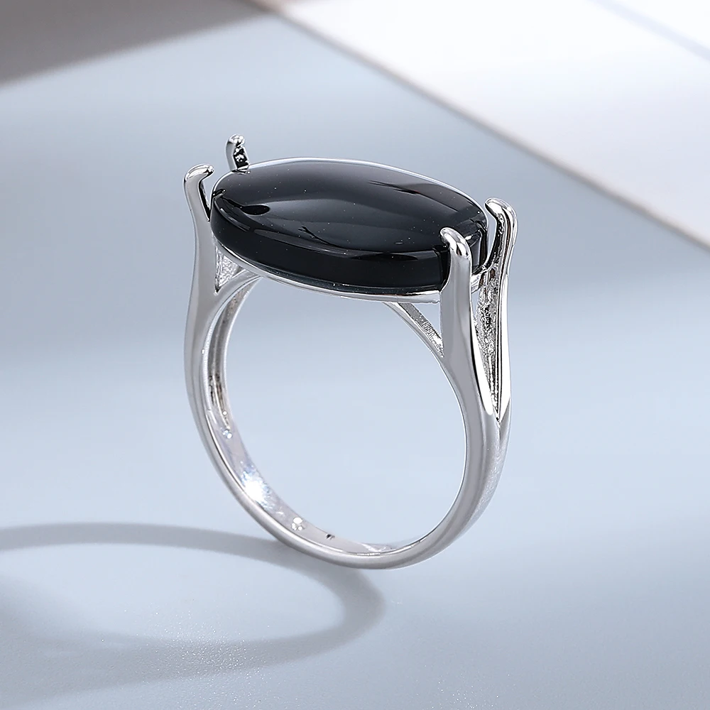 925 Sterling Silver Jewelry Ring Natural 13*18mm Oval Big Black Agate Stone Vintage Ring For Women Party Gifts