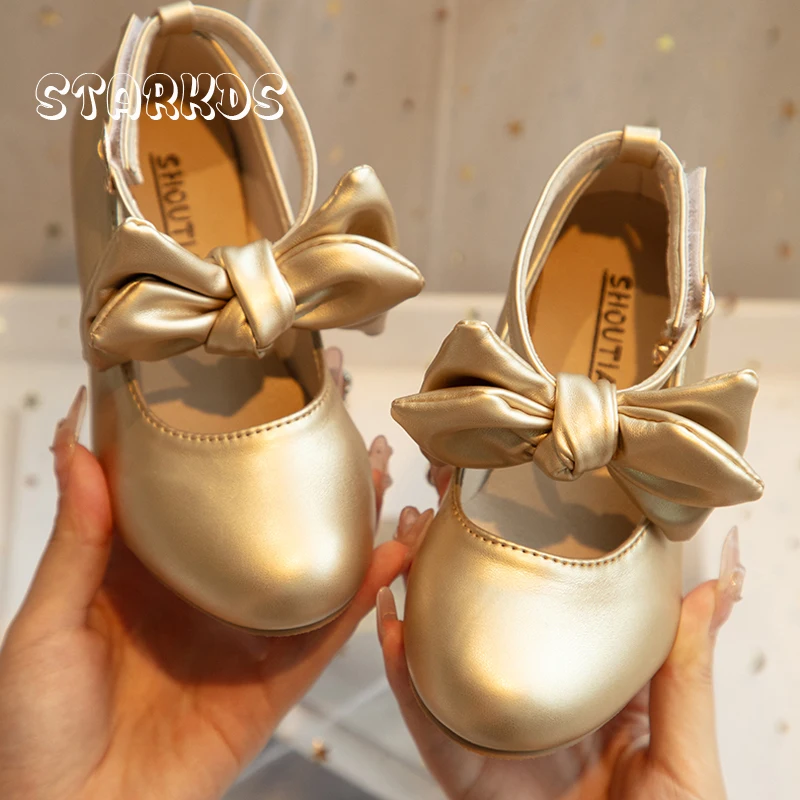 Kid Pump Shoes Girl Luxury Gold White Low Heel Dance Zapatos Child Fashion Bowknot Ankle Strap Mary Janes Wedding Party Footwear