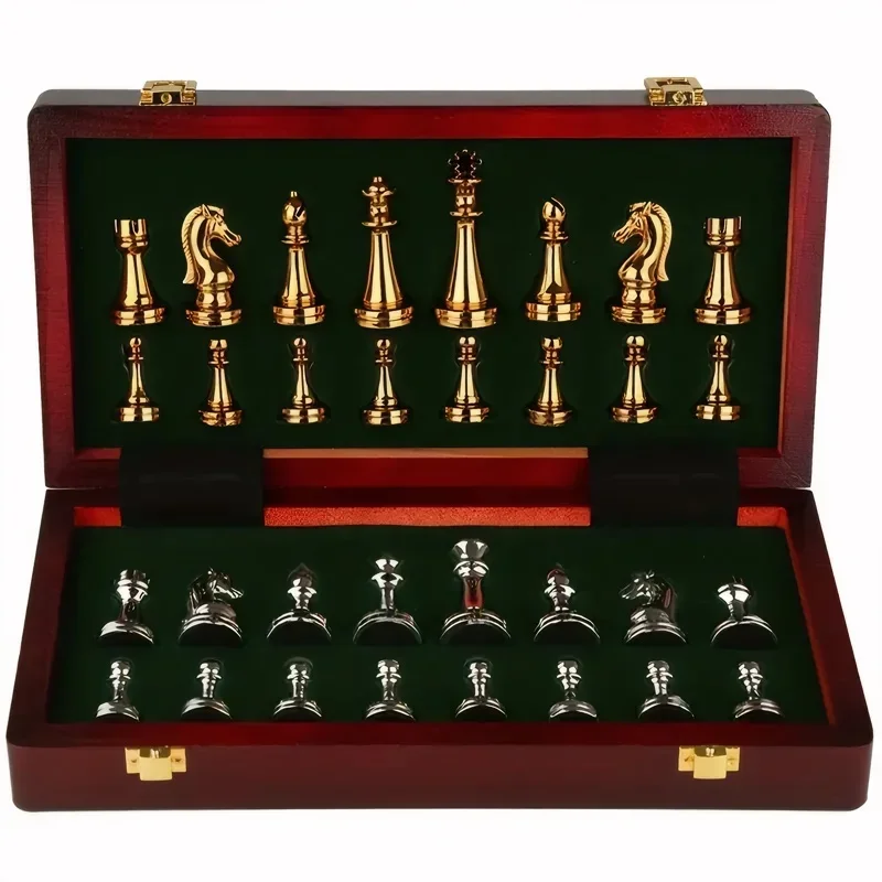 International Chess High-end Gift Box Metal Chess Pieces Wooden Chessboard Western Chess Vintage European Decorative Piece view 6
