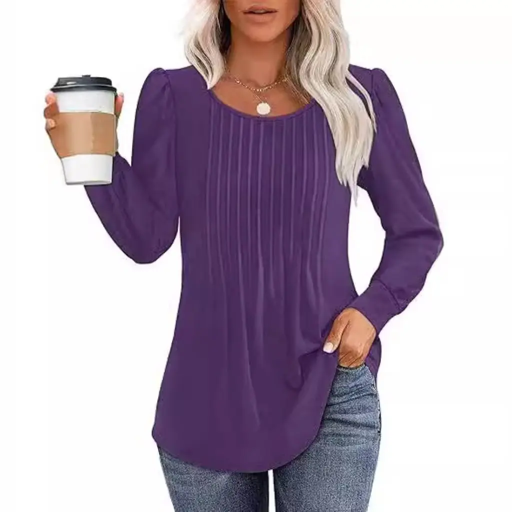 

Women's Long Sleeve Shirt Autumn Fashion Casual Pleated Low round Neck Top Women's Clothing