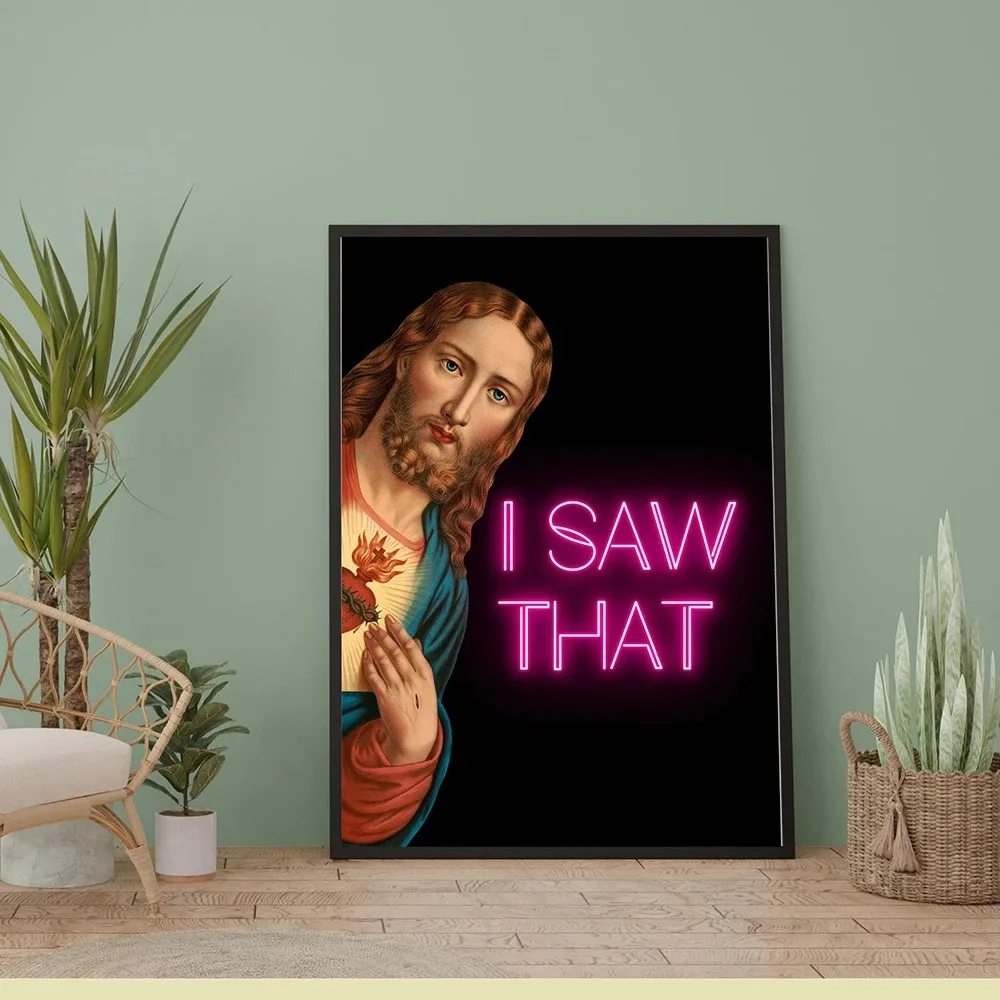 Funny Bathroom Altered Art Poster Oil Painting Jesus I Saw That Neon Quote Prints Canvas Painting Vintage Portrait Toilet Decor