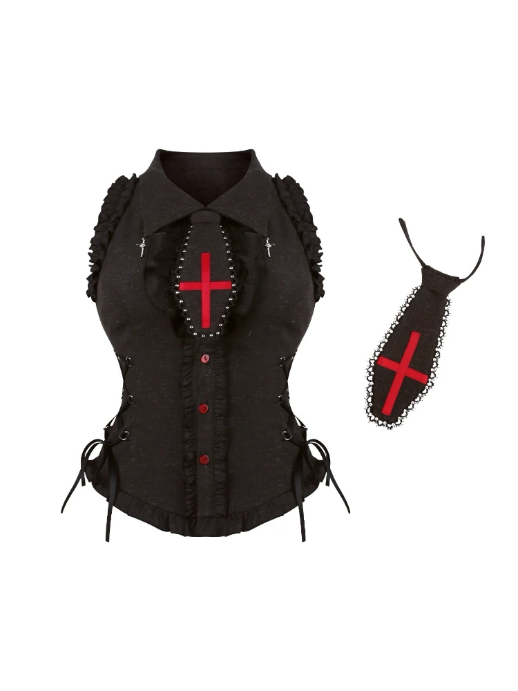 Japanese Dark Academia Gothic 2 Piece Set Women Slim Sleeveless Top + Plaid Cake Skirt New Vintage Fashion Sweet JK Outfit 2025 - Image 5