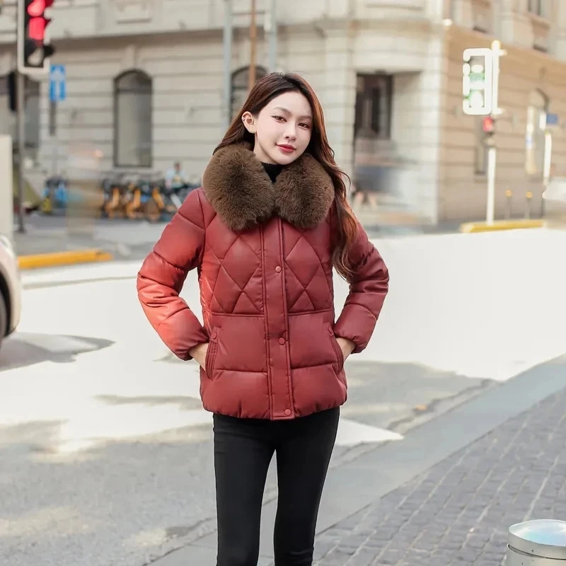 

2023 New PU Leather Cotton-Padded Jacket Coat Women's Autumn Winter Fur Collar Parkas Temperament Short Warm Cotton-Padded Jacke