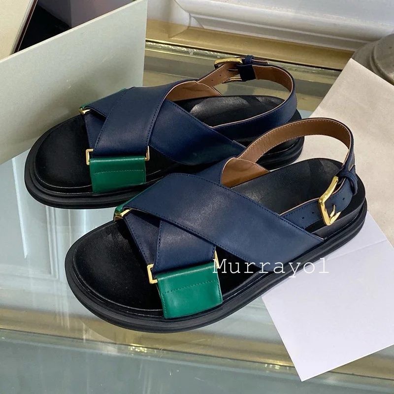 Echtes Leder Zurück Strap Flache Sandalen Frauen Offene spitze Kreuz Design Mischfarben Sandalen Sommer Urlaub Schuhe Gladiator