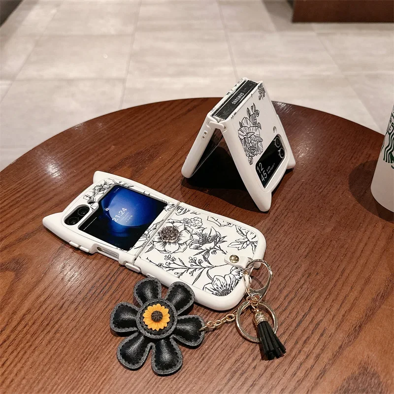 Casing ponsel sketsa bunga untuk Samsung Galaxy Z Flip 6 5 4 3 penutup belakang pelindung untuk ZFlip4 ZFlip5 ZFlip6 casing