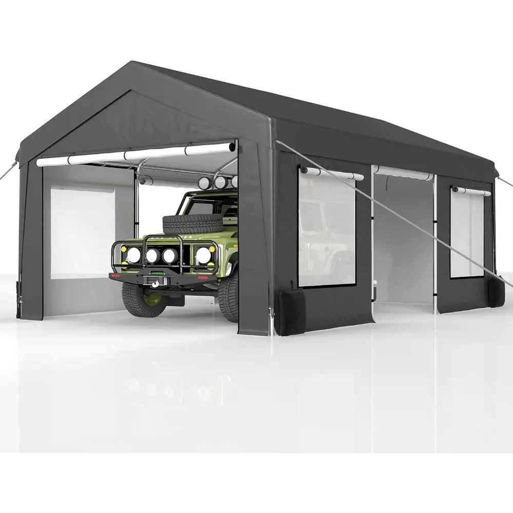 

12x20 T Heavy Duty Carport Tent - Portable Outdoor Car with Roll-up Side Do& Windows, Portable Garage with 4 Sandbags or Car, Tr