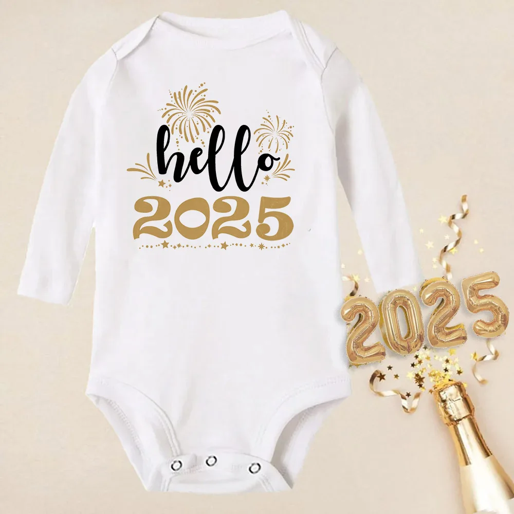 Hello 2025 Baby Rompers Newborn Long Sleeve Infant Jumpsuit It's My First New Year Baby Bodysuit Toddler New Year Ropa Clothes