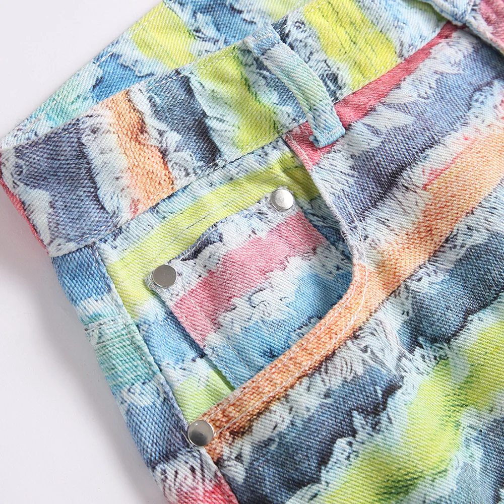 الرجال Y2K جينز واسع الساق ملون شريطية مطبوعة السراويل فضفاضة القطن الدنيم السراويل