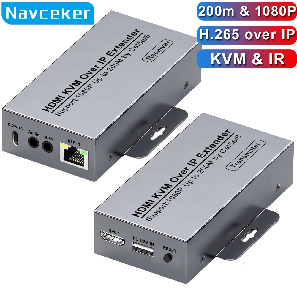 200M H.265 HDMI KVM Extender Over IP 4K HDMI to RJ45 1080P HDMI USB Extensor via CAT6 Ethernet Network Support Mouse Keyboard