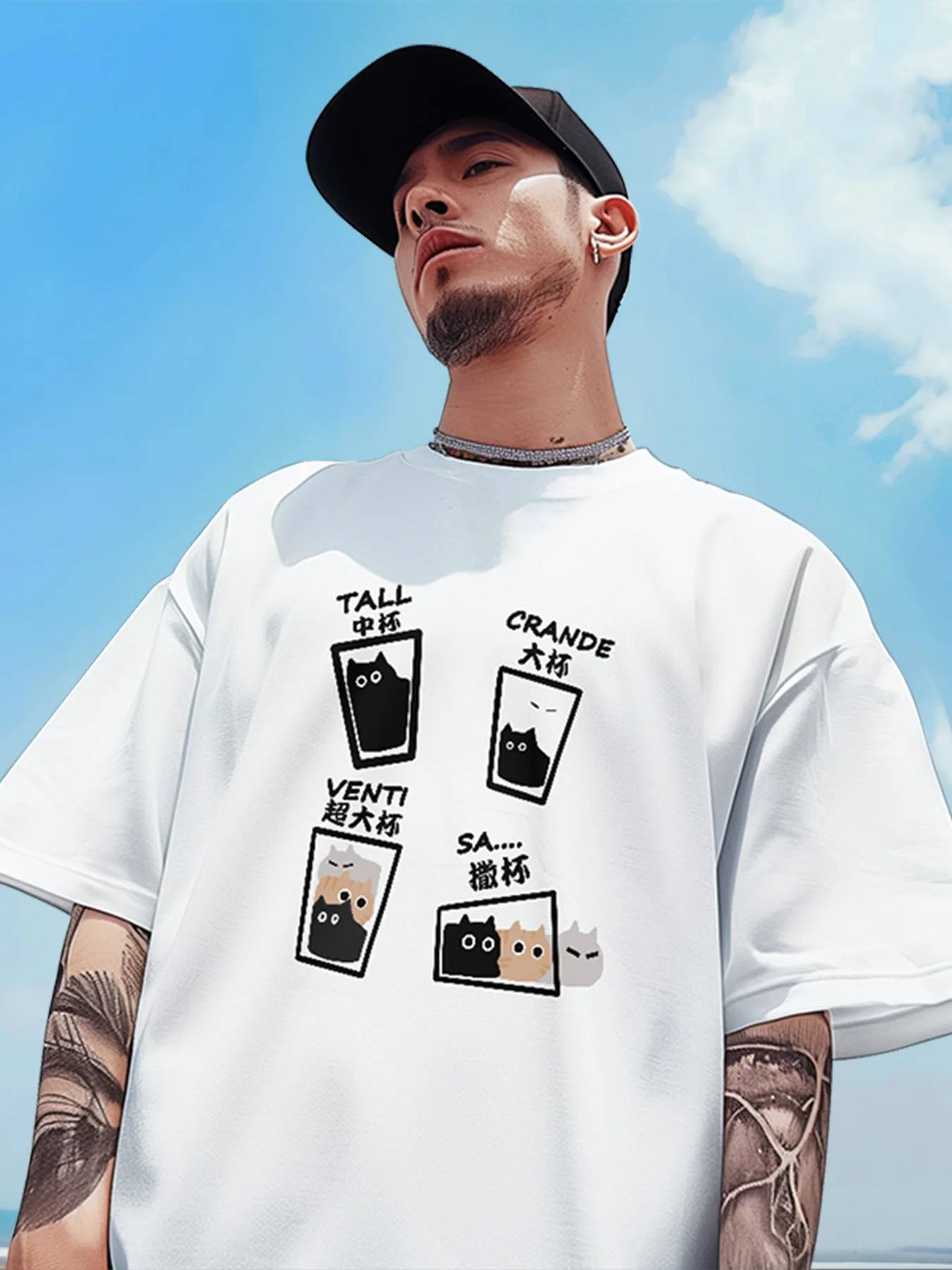 

Trend white ink spray meow print pure cotton short sleeve T-shirt men's summer design sense loose casual T-shirt top