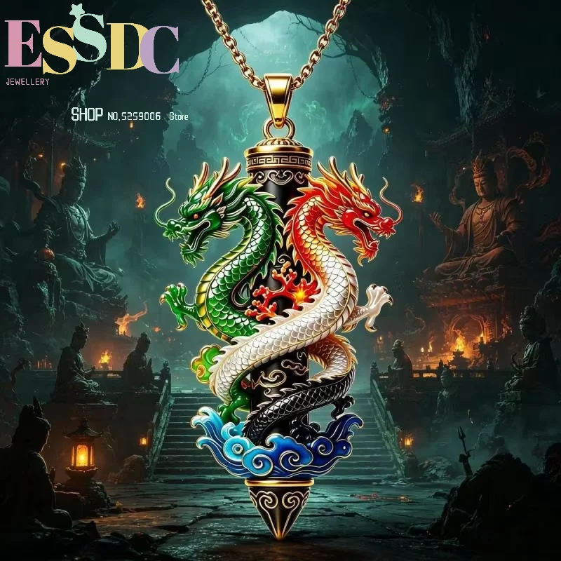 Enhance aura and atmosphere enamel double dragon pendant around the column men's gilt dragon pendant good luck wealth