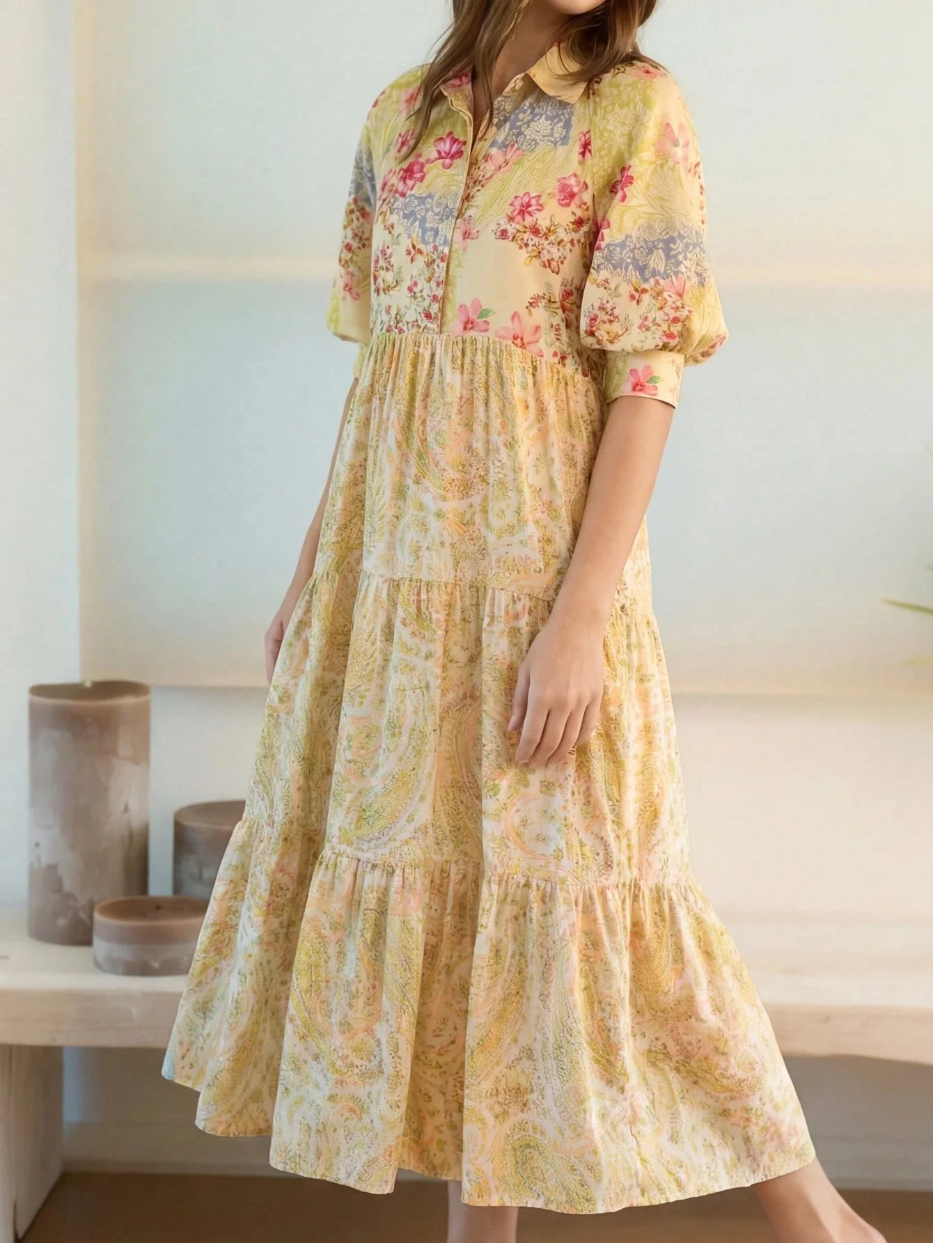 

Элегантное женское желтое макси-платье А-силуэта с принтом в стиле Бали и коротким рукавом, женская рубашка с воротником и однобортной застежкой, рукав до локтя