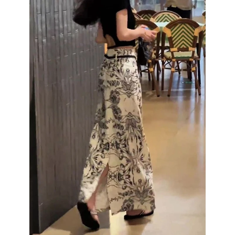 

Retro Floral Print Half Skirt Women's Summer Thin Fashion High Waist Straight Cut Long Skirt Drapey Slimming Split Design