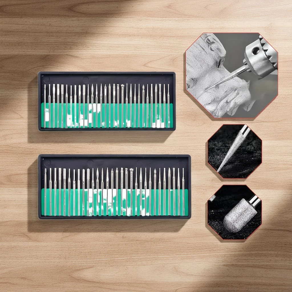 

​ ​ 30 шт. набор алмазных шлифовальных игл для гравировки, резьбы, удаления заусенцев и полировки нефритовой деревообработки с вращающимся инструментом ​ ​