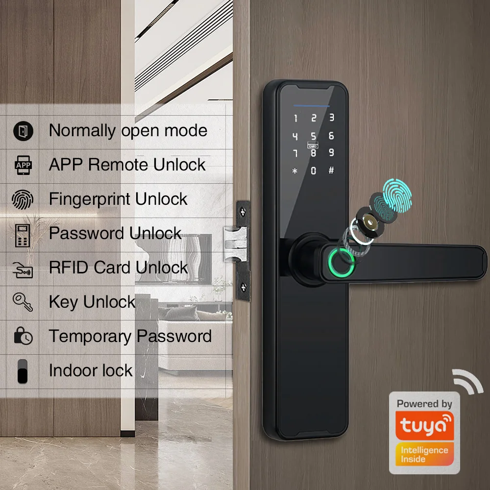 PHIPULO New Tuya Wifi Digital Electronic Smart Door Lock With Indoor Lock Biometric Fingerprint Smart Card Password Key Unlock