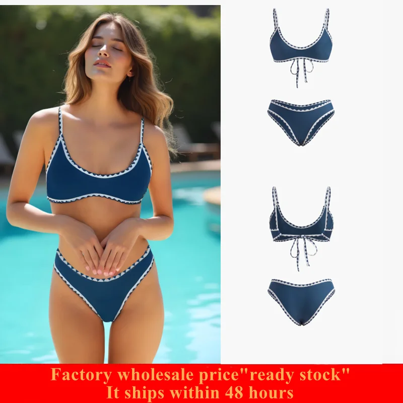 Women's Tie Back Padded High Cut Bralette Bikini Set Two Piece Swimsuit Sporty Blue and white Crochet Bikini