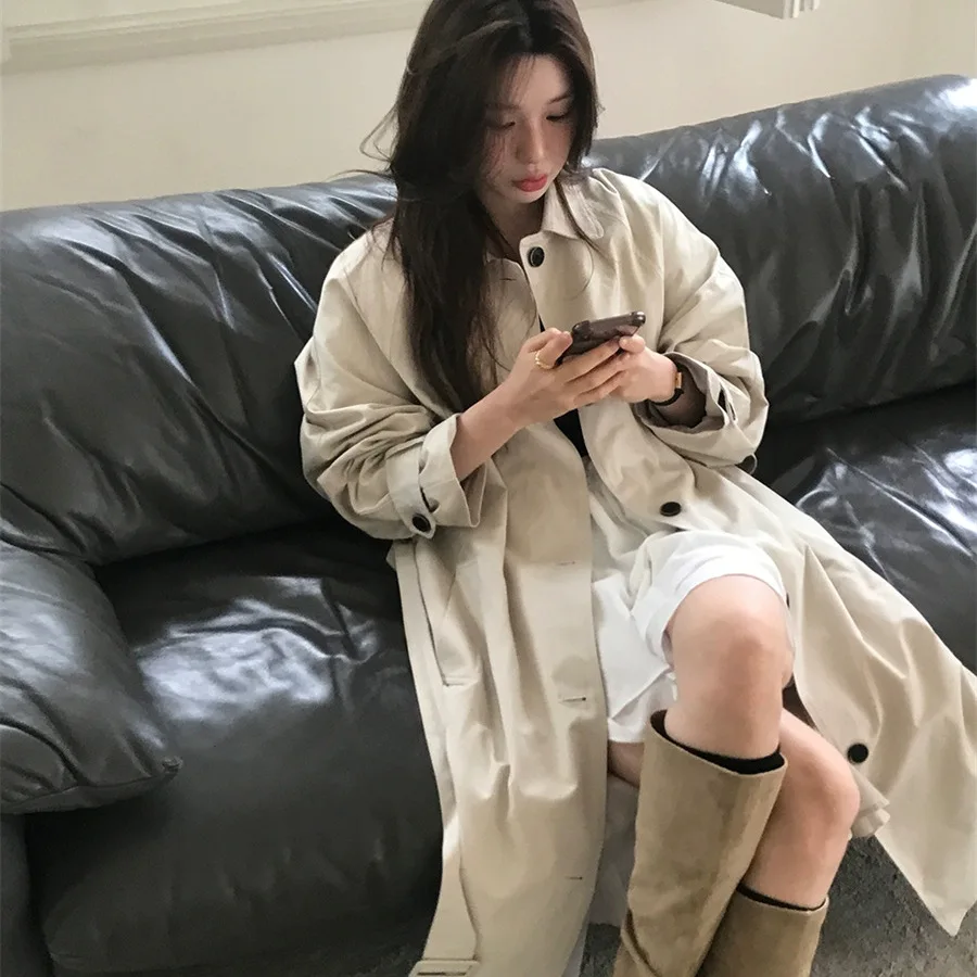 

Ele Archie Jtou Windbreaker Coat Pure Color Single Button Notch Collar Belted Outerwear for Women Autumn 2025 Long Sve