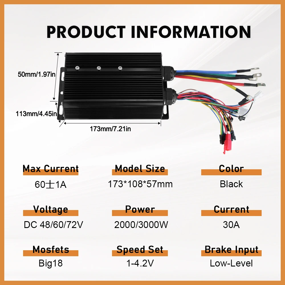 Three Mode 48V-72V Sine Wave 60A Controller Learning Function with SW900 LCD Display for BLDC 1000W-3000W Electric Bike Motor
