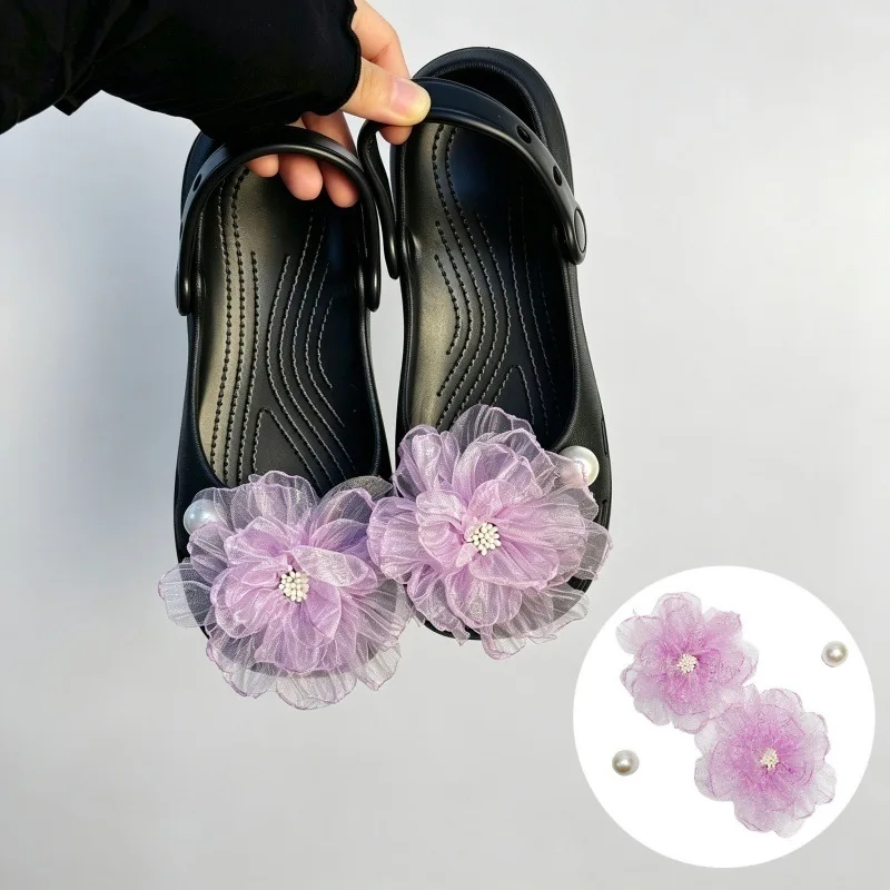 Elegant Korean Chiffon Flower Clog Decorations Women Sweet Pearl Crystal Ballet Charms Set Woman Adjustable Shoe Accessories